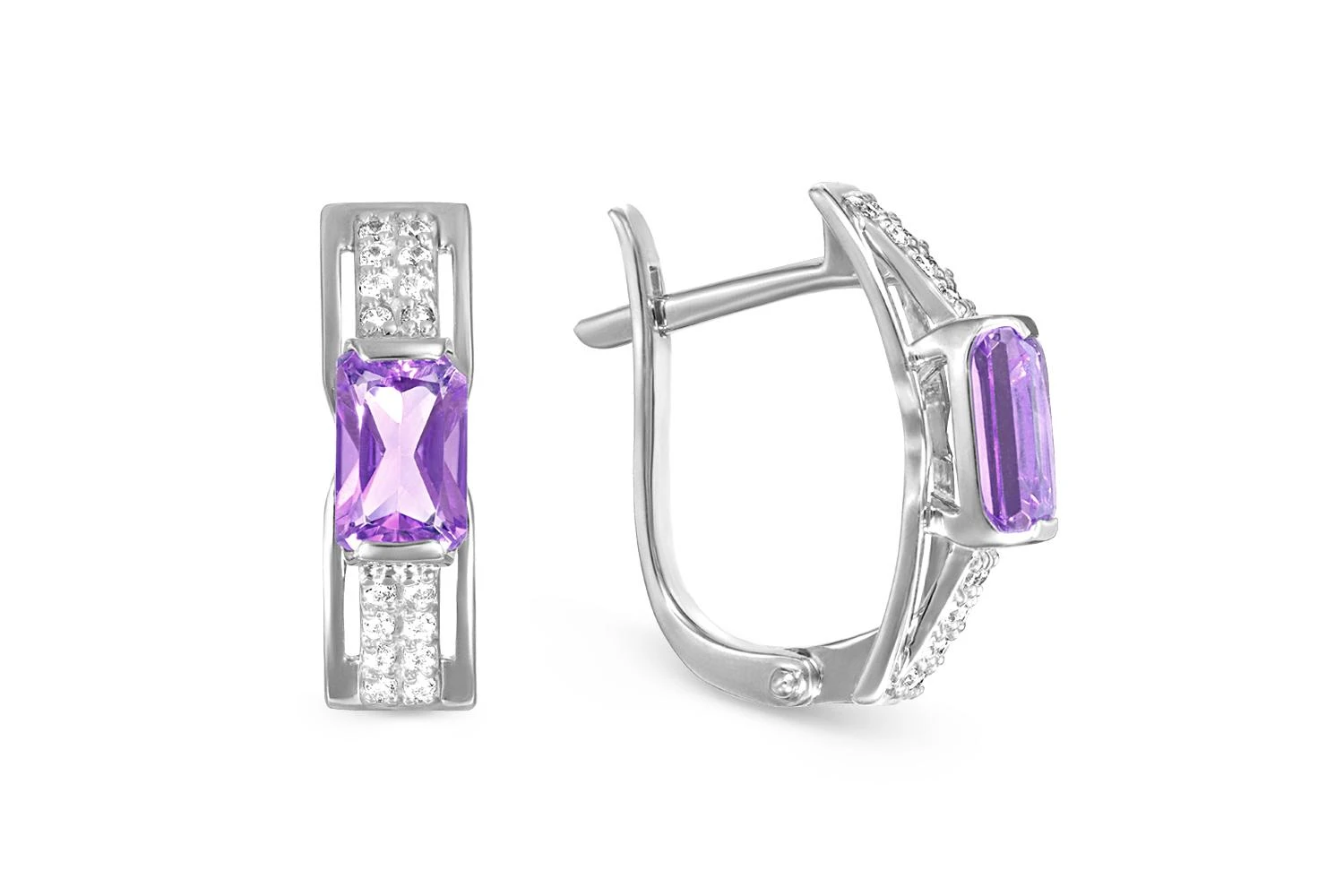 Серьги из белого золота с 2 аметистами и 32 фианитами