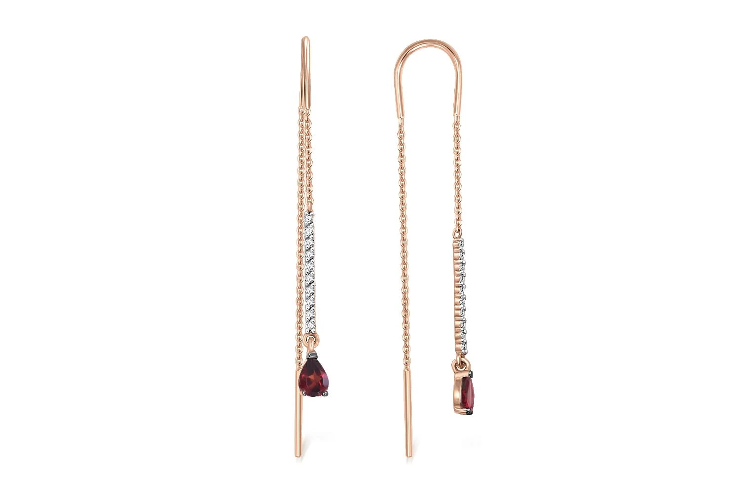 Серьги-продёвки Дорожки из красного золота с 2 гранатами и 20 фианитами