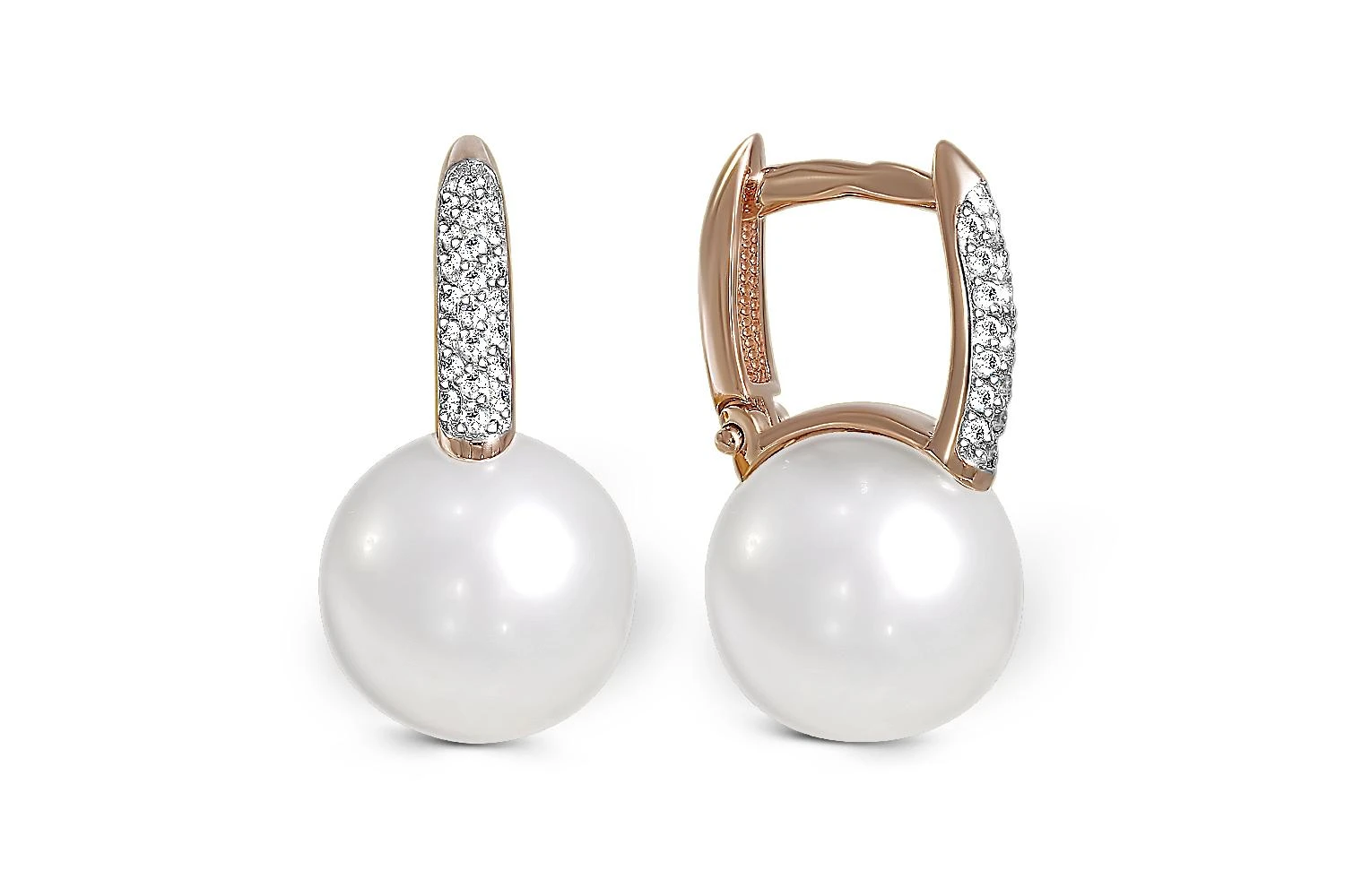 Серьги из красного золота с 2 жемчужинами и 44 фианитами