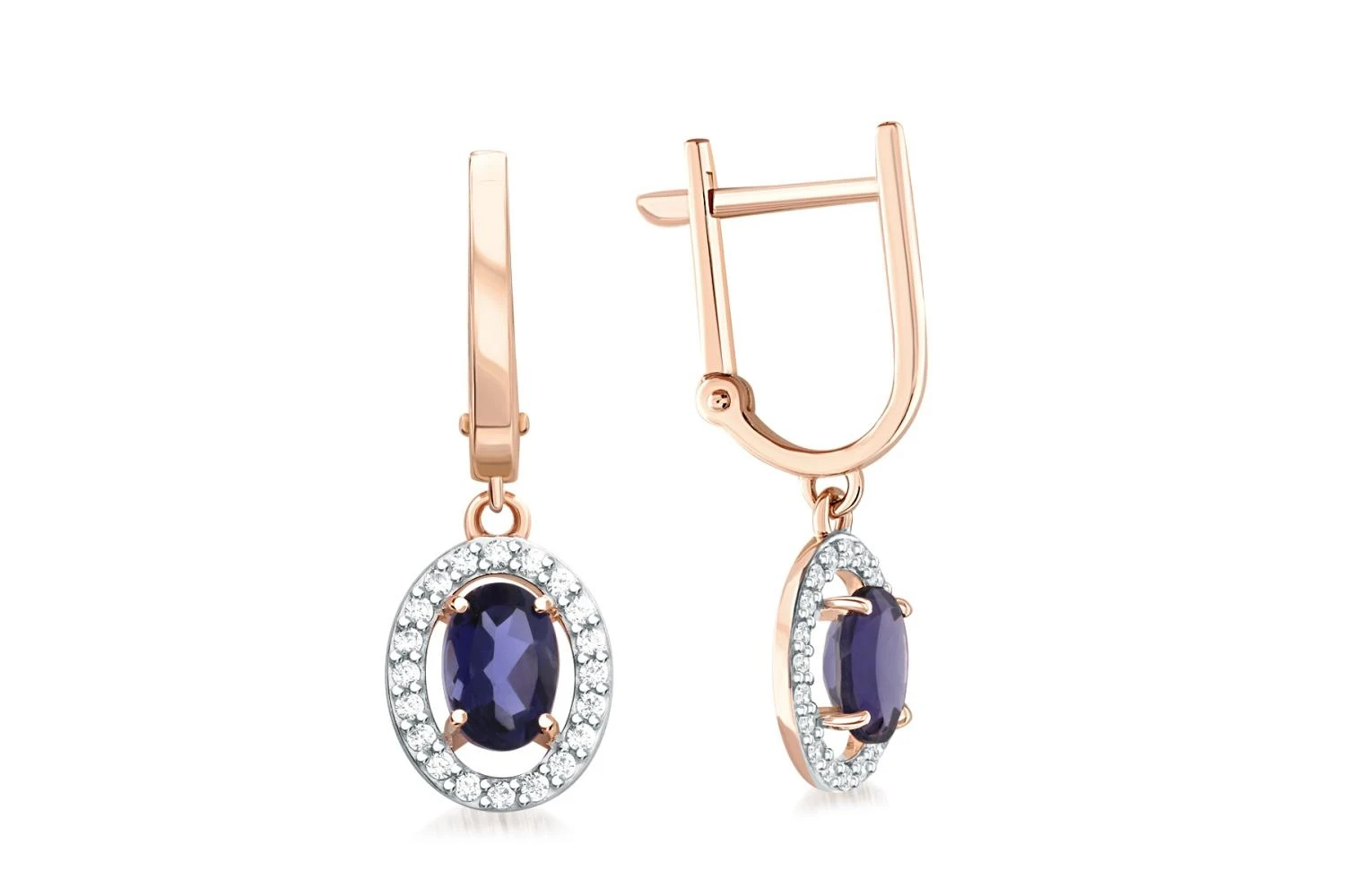 Серьги из красного золота с 2 иолитами и 40 фианитами