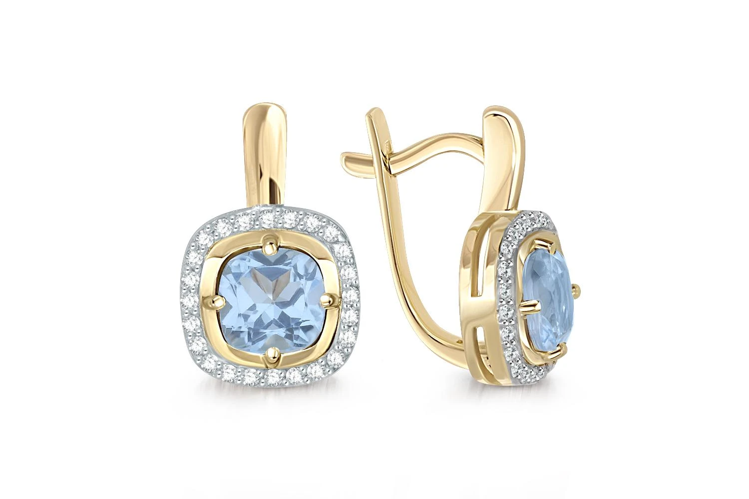 Серьги из жёлтого золота с 2 топазами sky и 48 фианитами