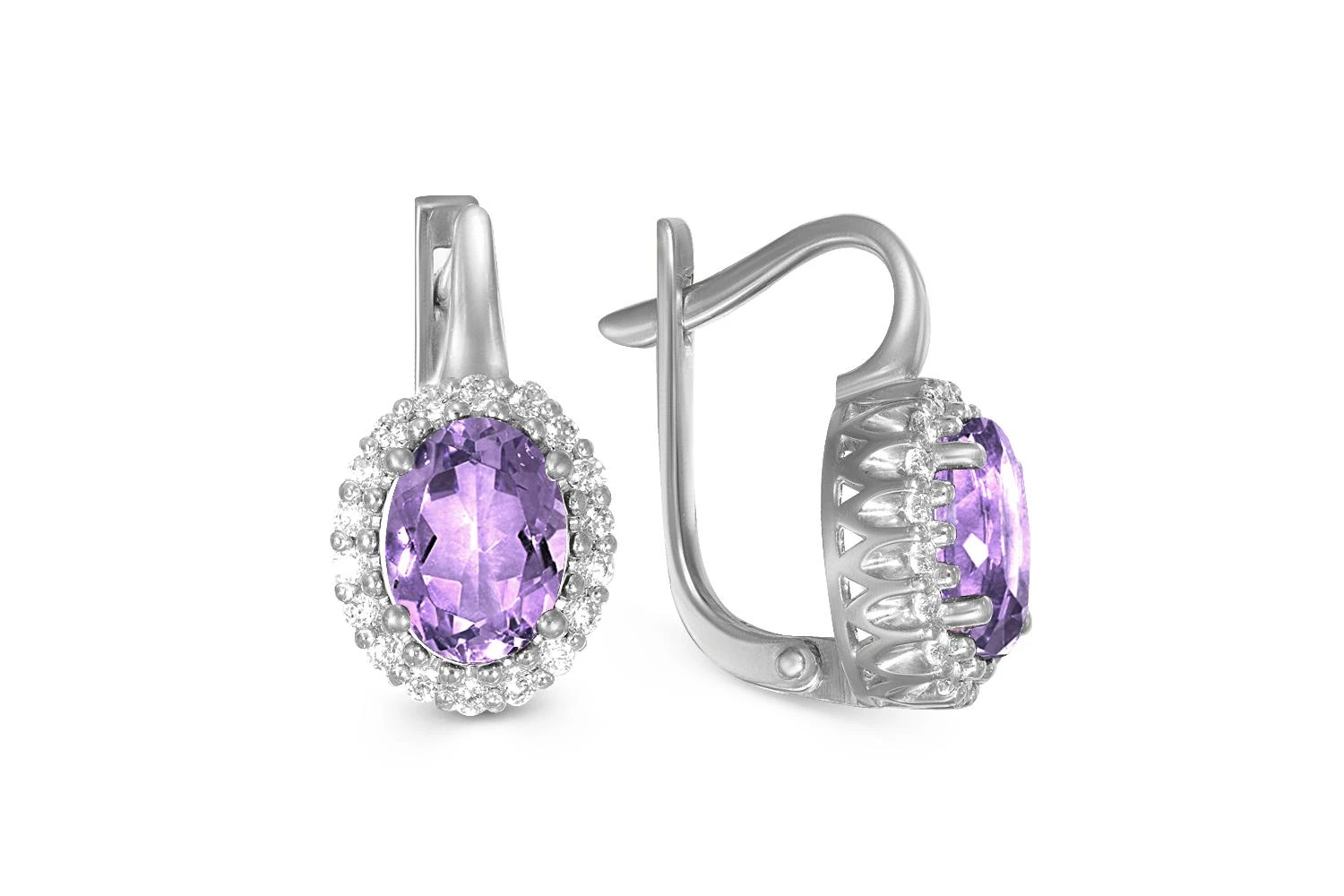 Серьги из белого золота с 2 аметистами и 36 фианитами