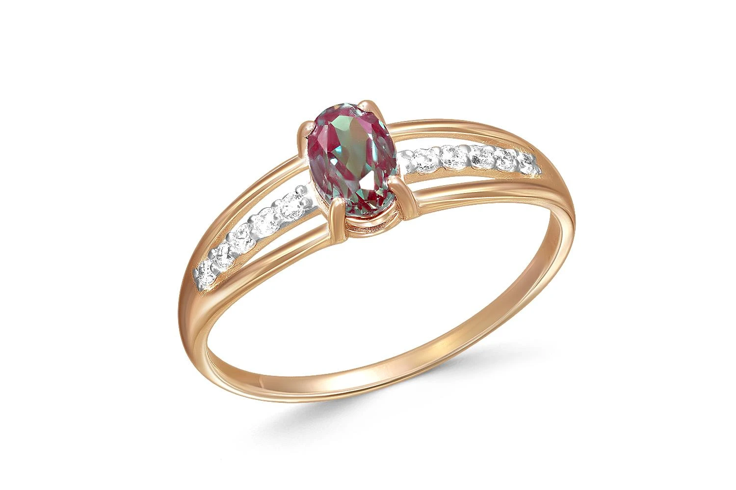 Кольцо из красного золота с александритом и 10 фианитами