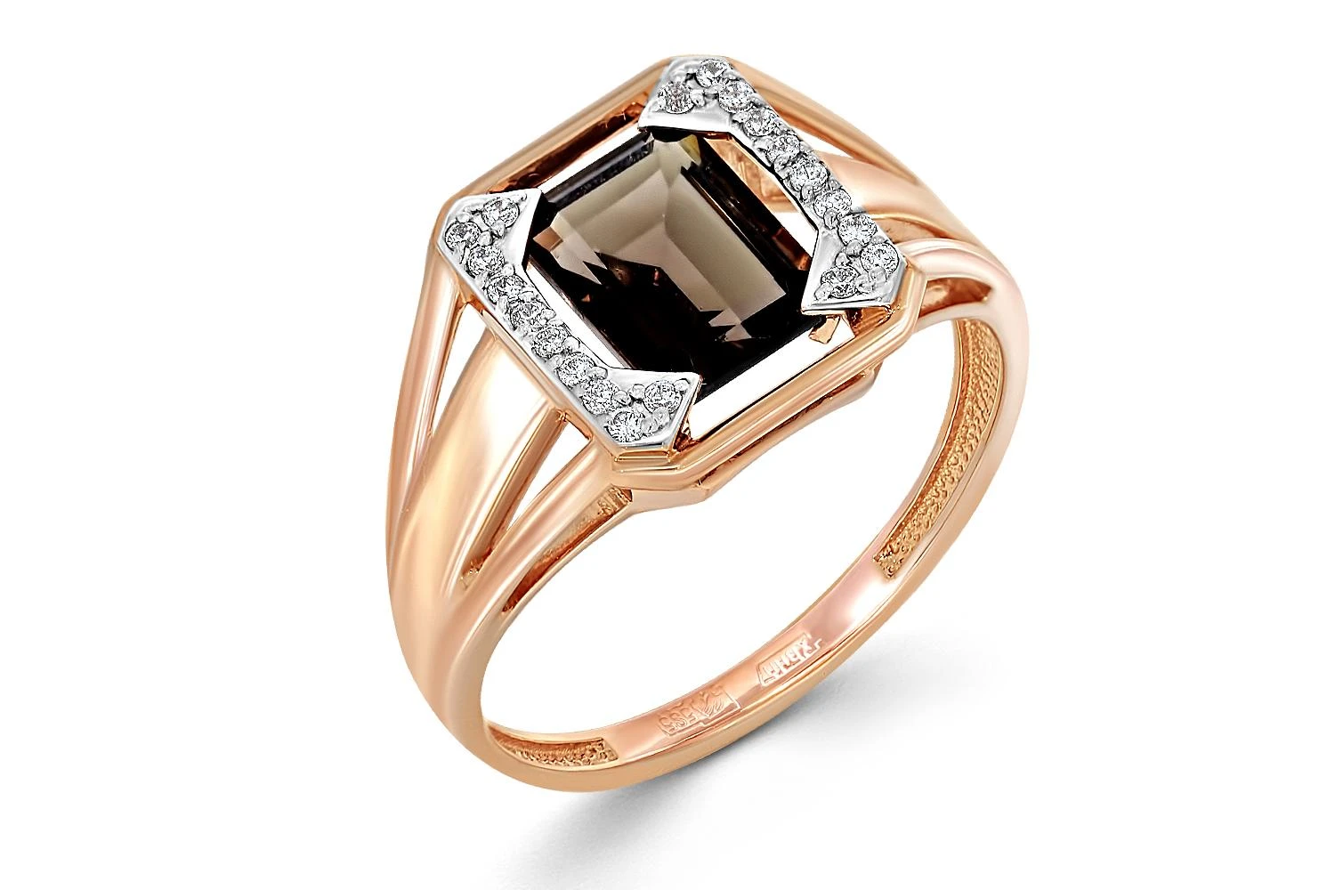 Кольцо из красного золота с раухтопазом и 20 фианитами