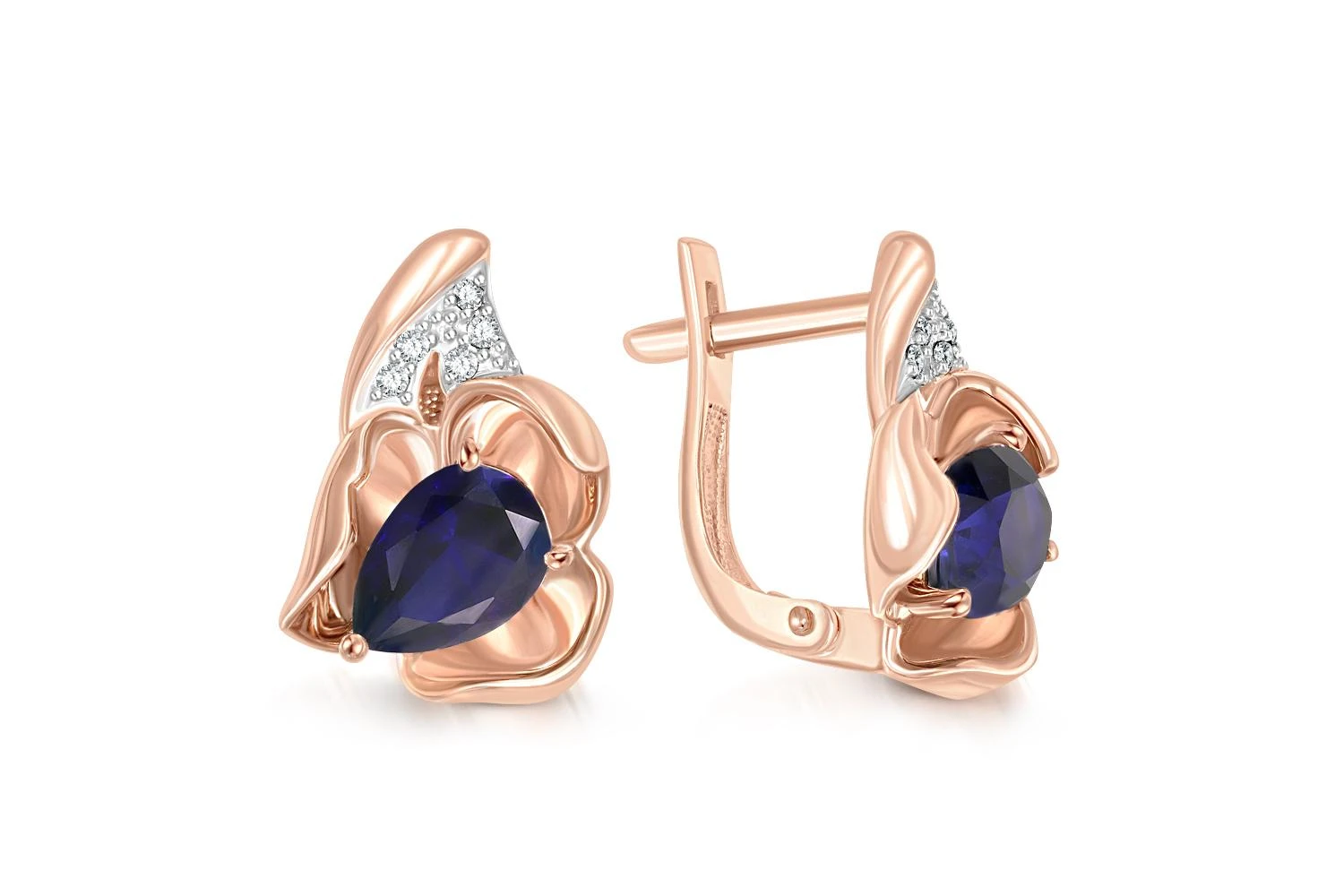 Серьги Цветы из красного золота с 2 корундами и 10 бриллиантами