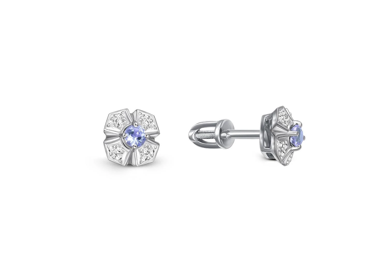Серьги-пусеты Цветы из белого золота с 2 танзанитами и 24 фианитами