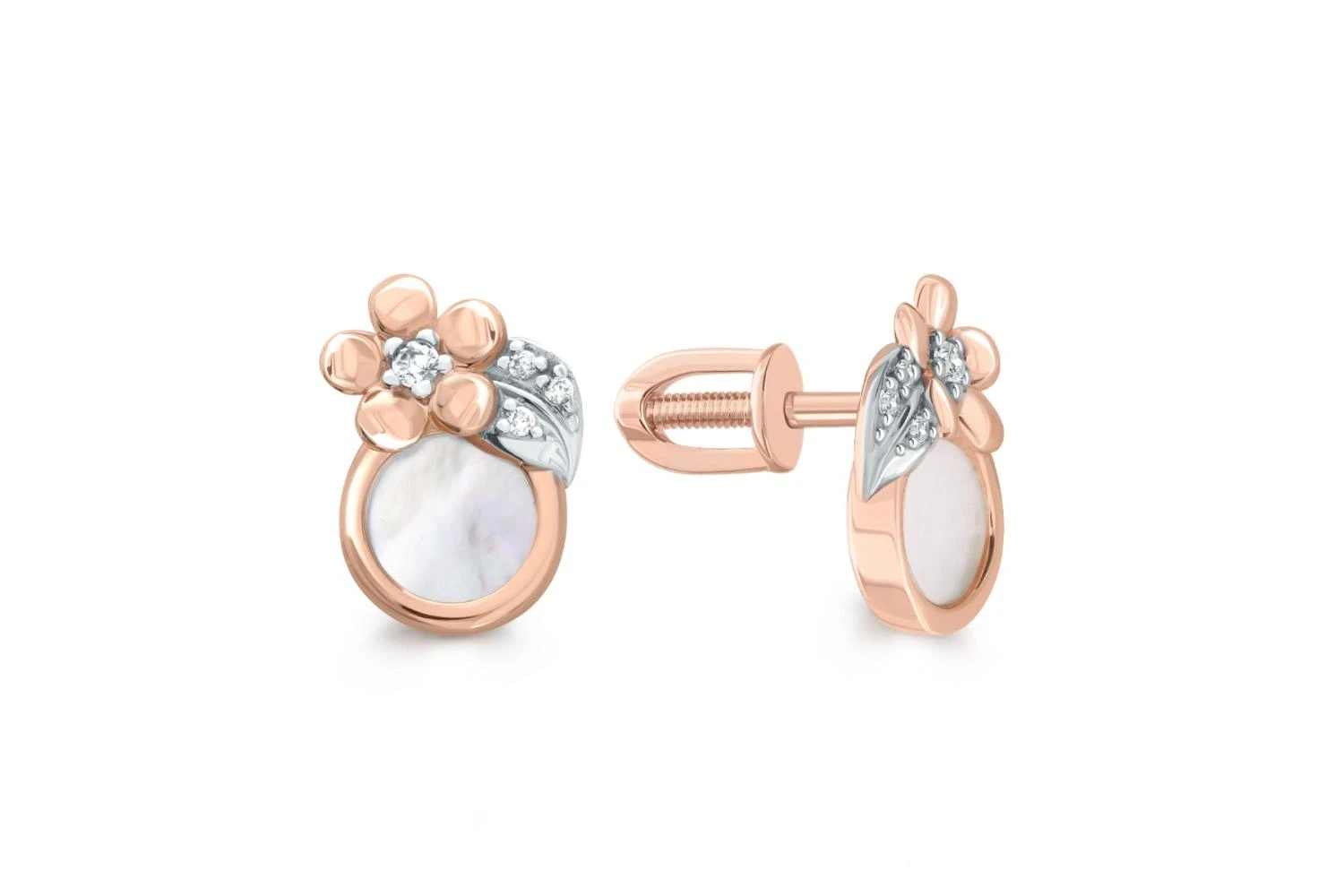 Серьги-пусеты Цветы из красного золота с перламутром и 8 фианитами