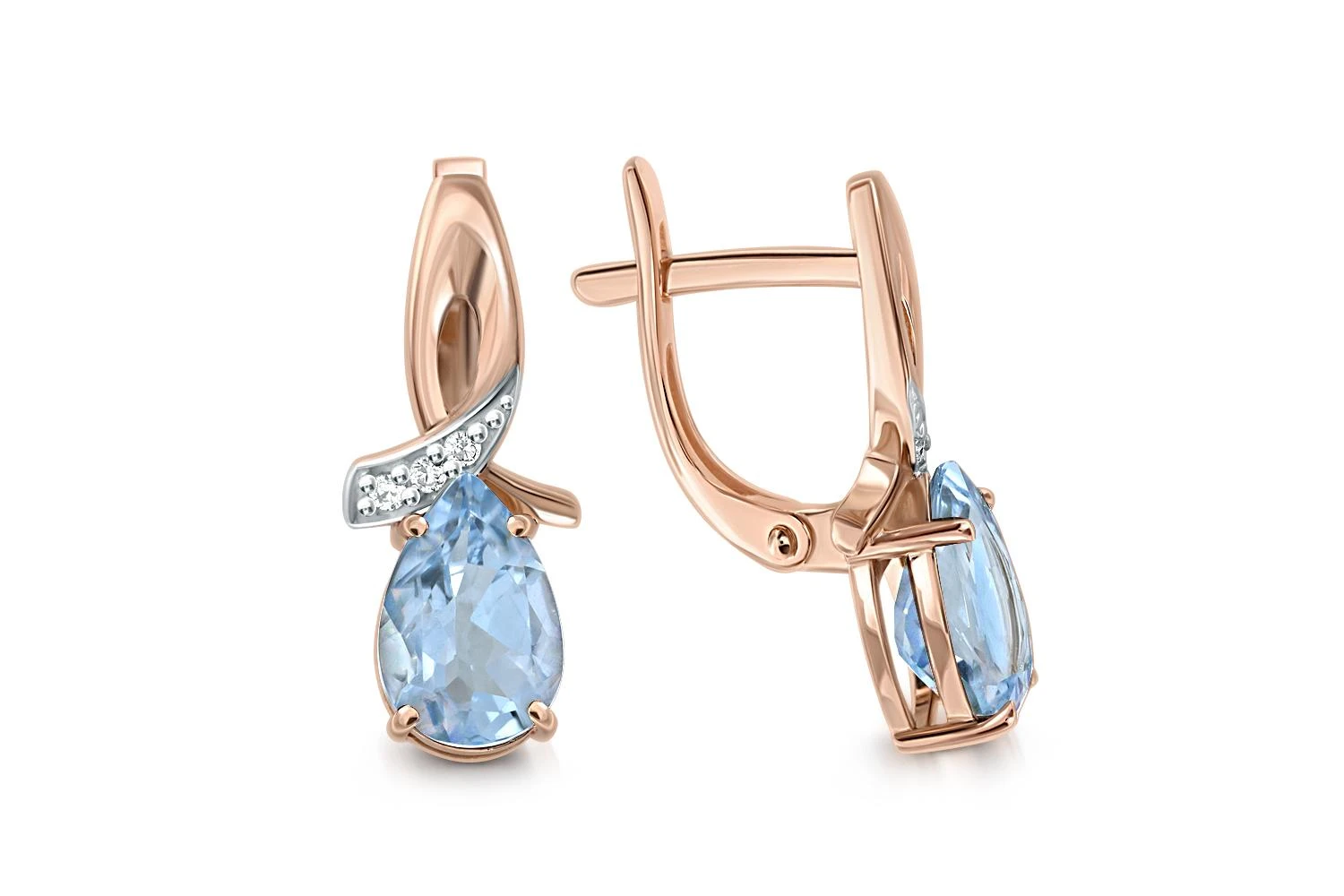 Серьги из красного золота с 2 топазами sky и 6 фианитами