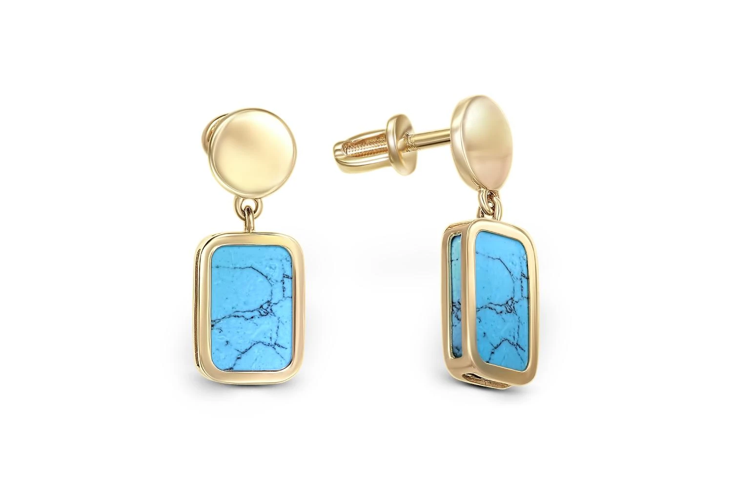 Серьги-пусеты Прямоугольники из жёлтого золота с бирюзой