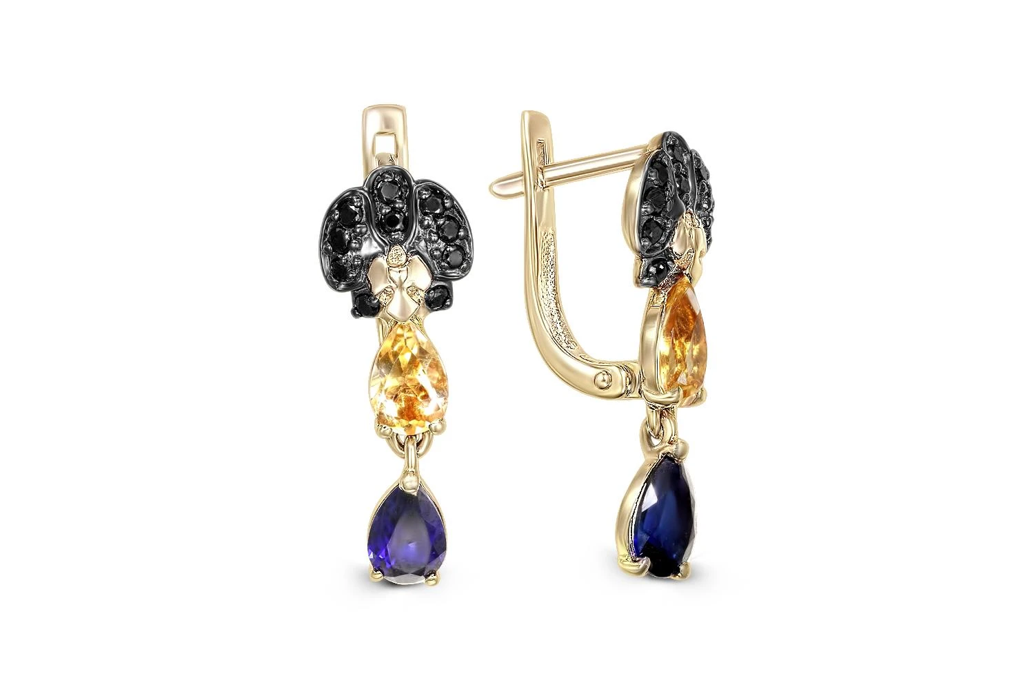 Серьги из жёлтого золота с цитринами, корундами и фианитами