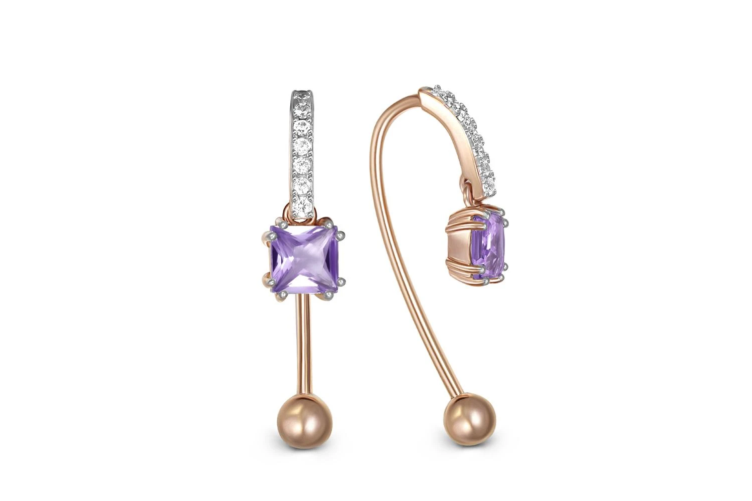 Серьги из красного золота с 2 аметистами и 14 фианитами