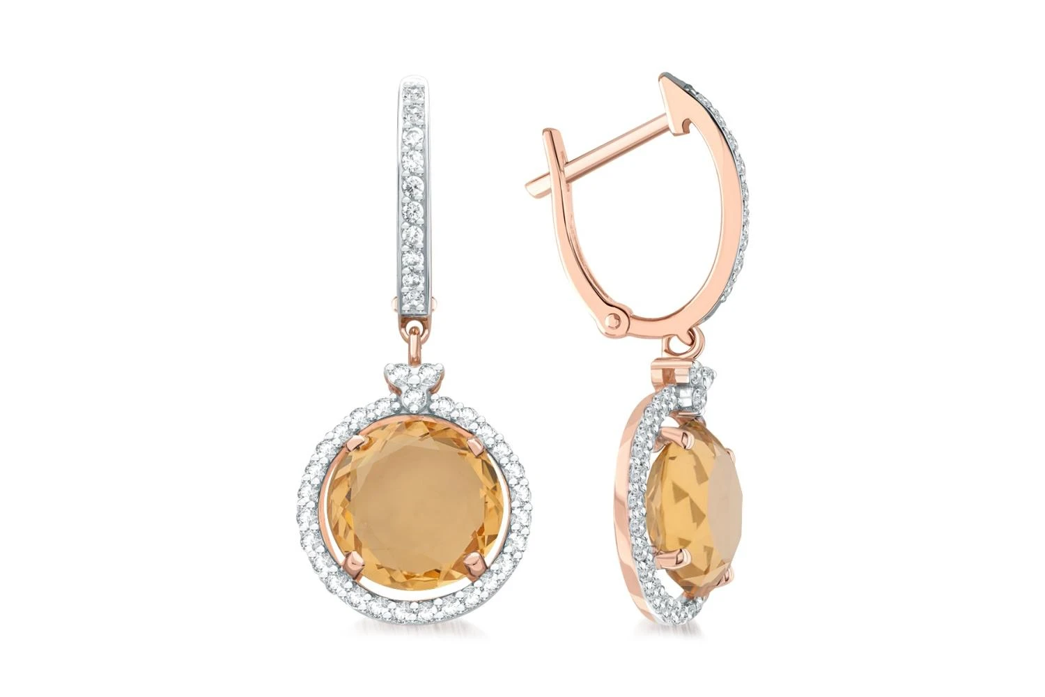 Серьги из красного золота с 2 кварцами и 78 фианитами