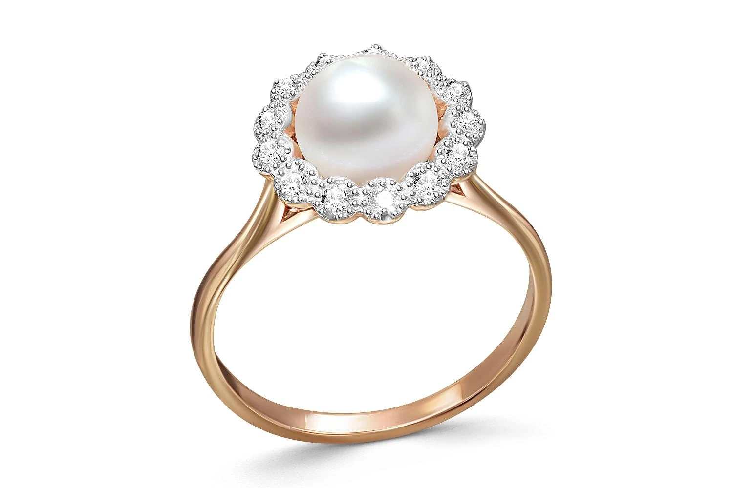 Кольцо из красного золота с жемчугом и 13 фианитами