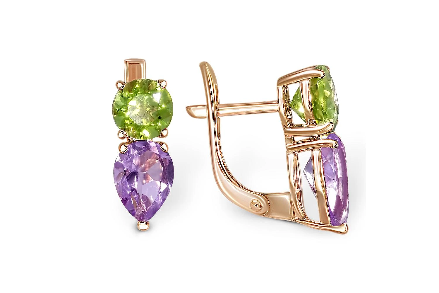 Серьги из красного золота с 2 аметистами и 2 хризолитами