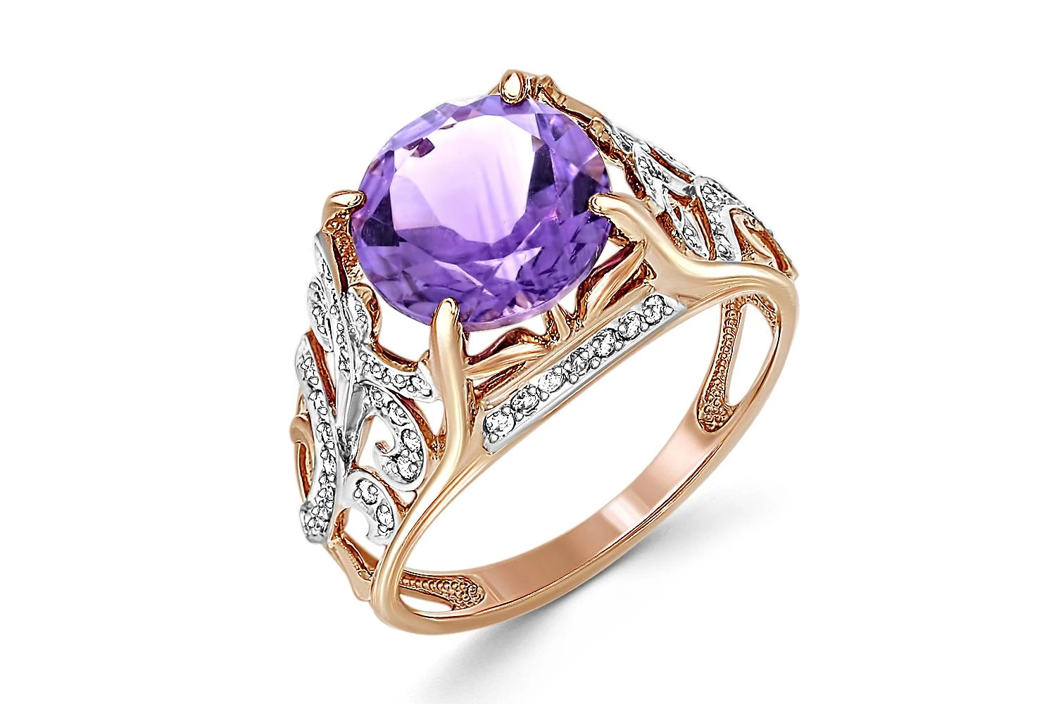 Кольцо из красного золота с аметистом и 62 фианитами