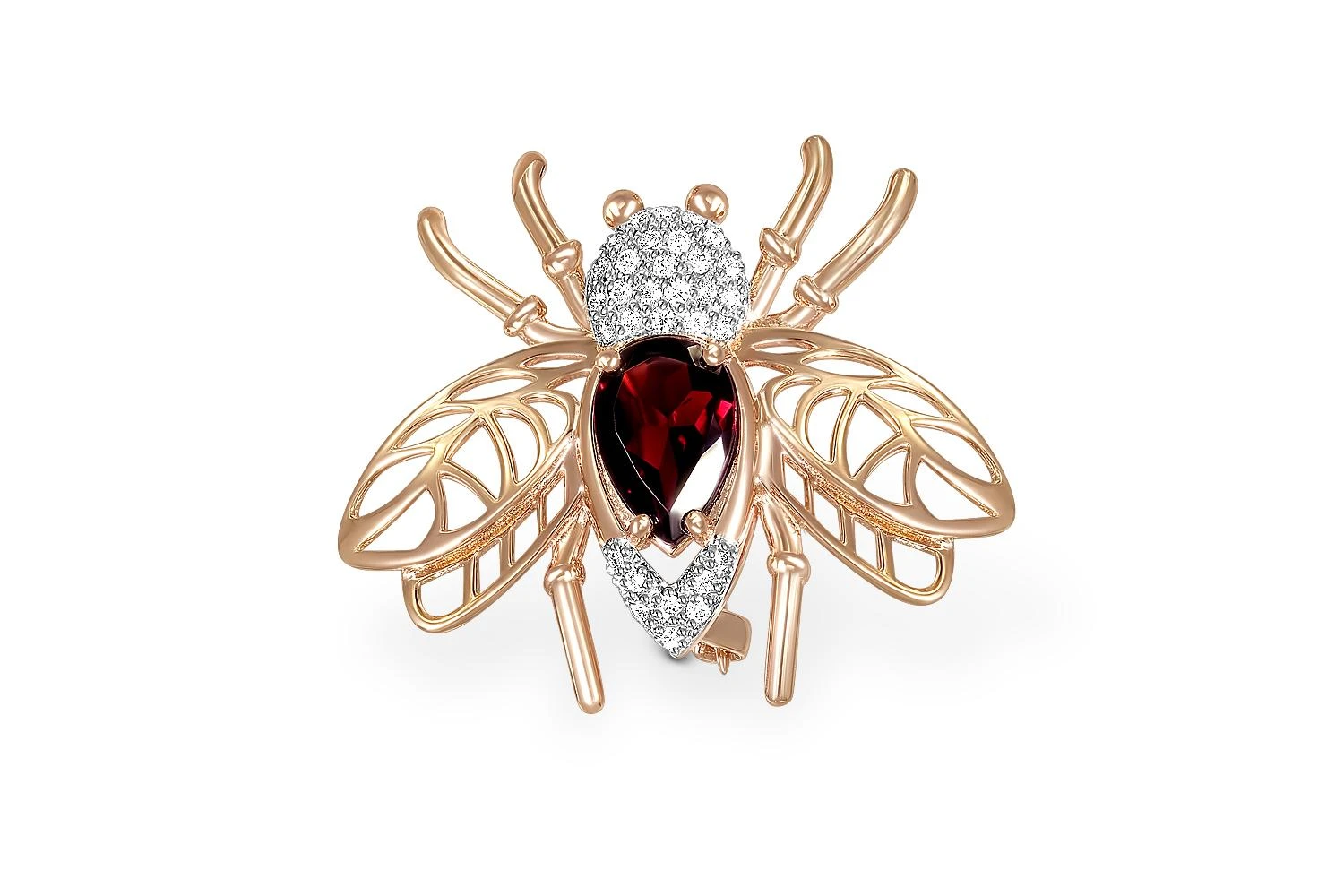 Брошь Пчела из красного золота с гранатом и 31 фианитами