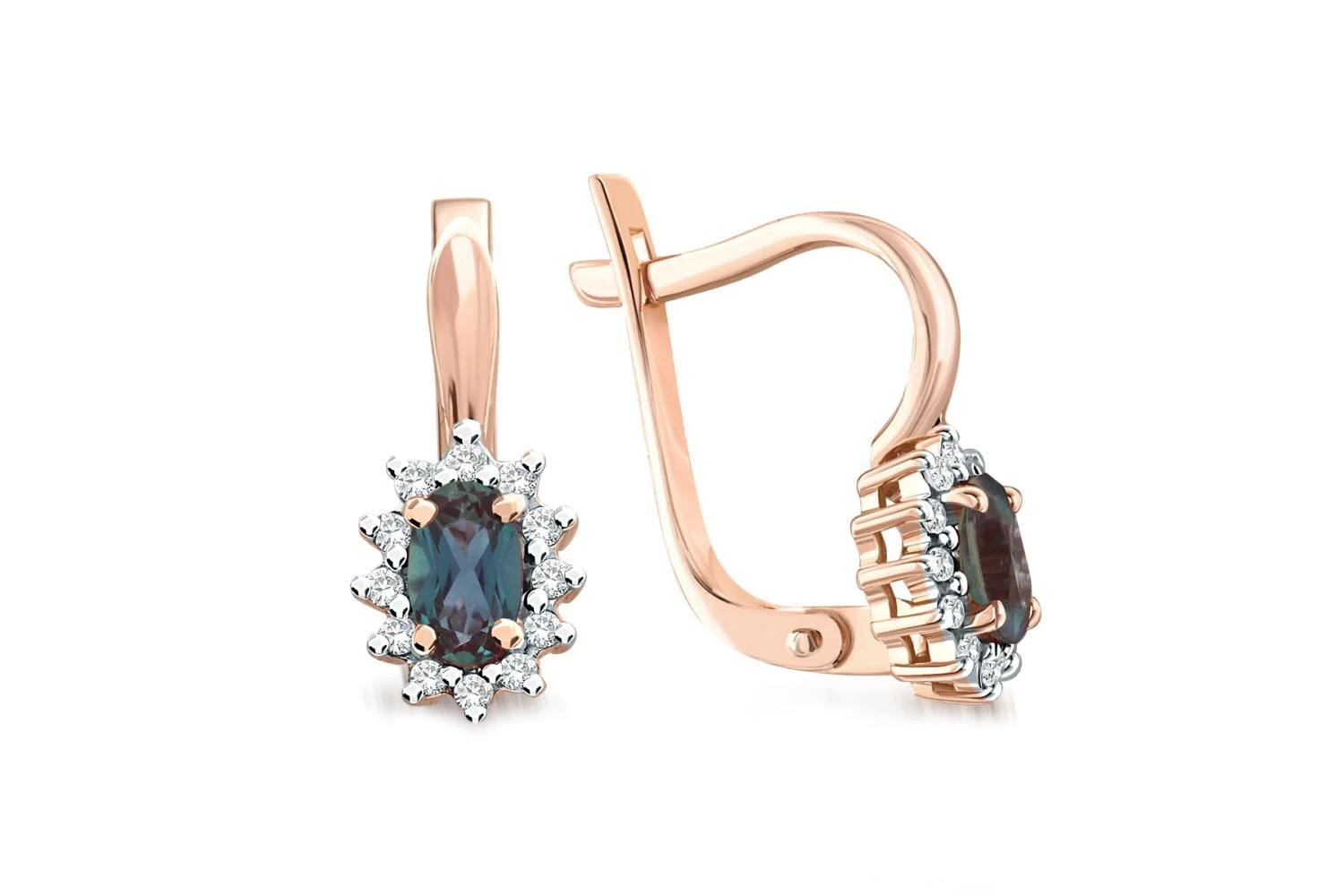 Серьги из красного золота с 2 александритами и 24 бриллиантами