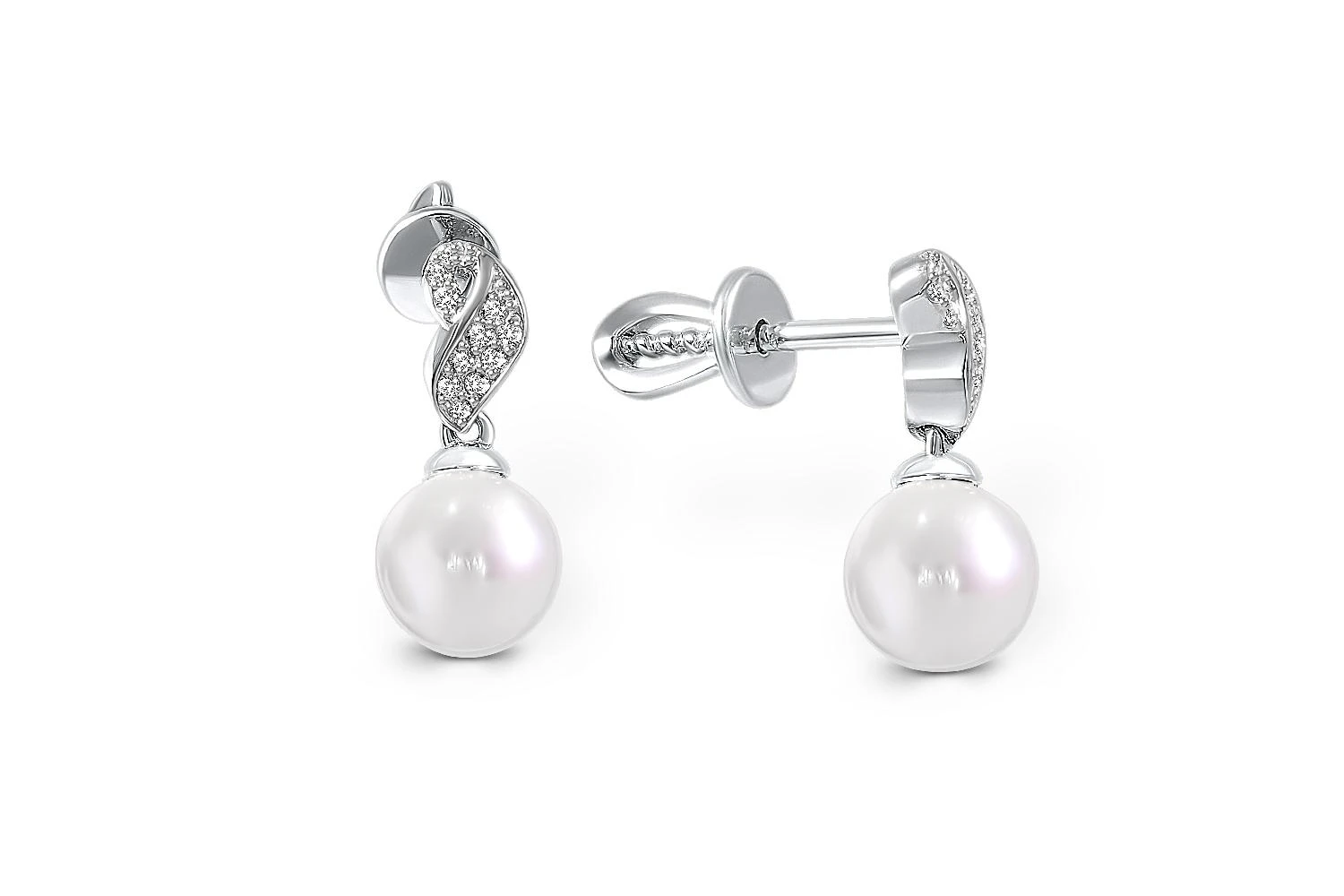 Серьги-пусеты из белого золота с 2 жемчужинами и 22 фианитами