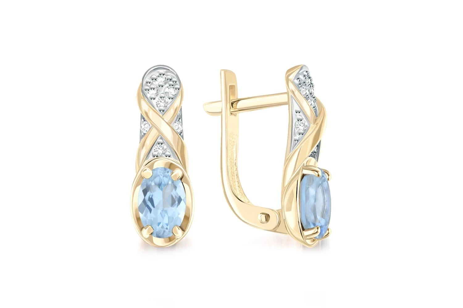Серьги из жёлтого золота с 2 топазами sky и 14 фианитами