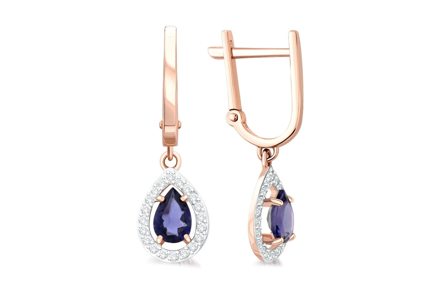 Серьги из красного золота с 2 иолитами и 40 фианитами