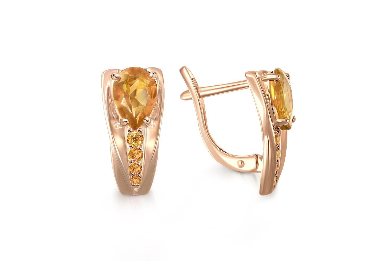 Серьги из красного золота с 2 цитринами и 8 фианитами