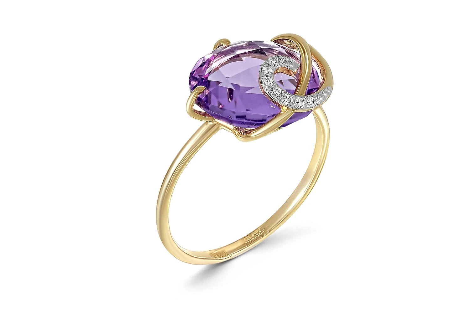 Кольцо из жёлтого золота с аметистом и 8 фианитами