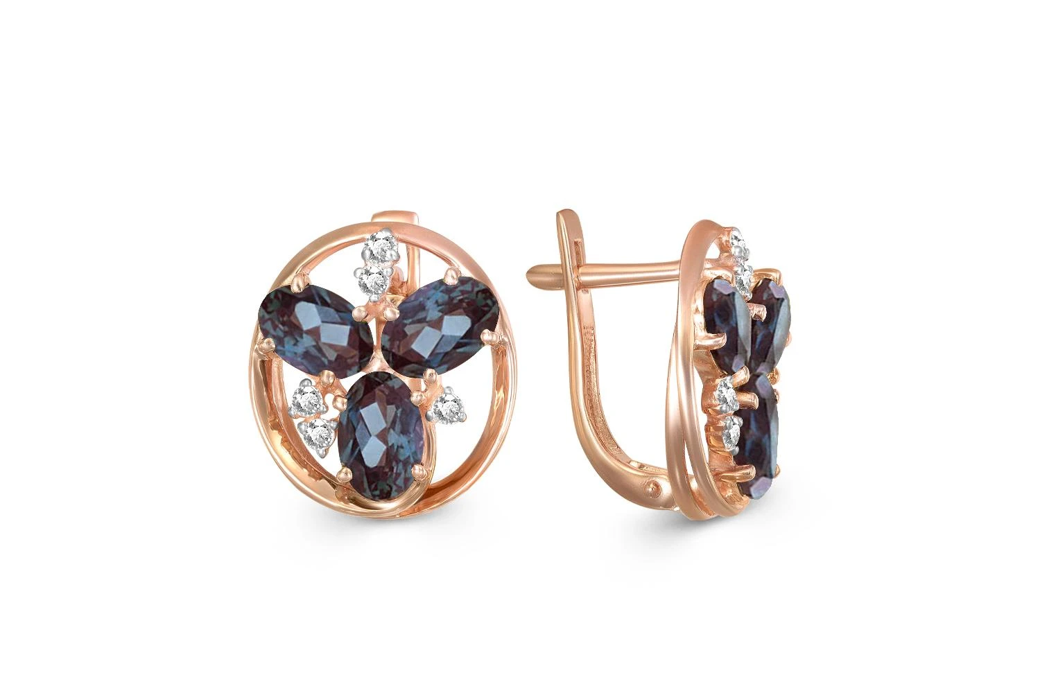 Серьги из красного золота с 6 александритами и 10 фианитами