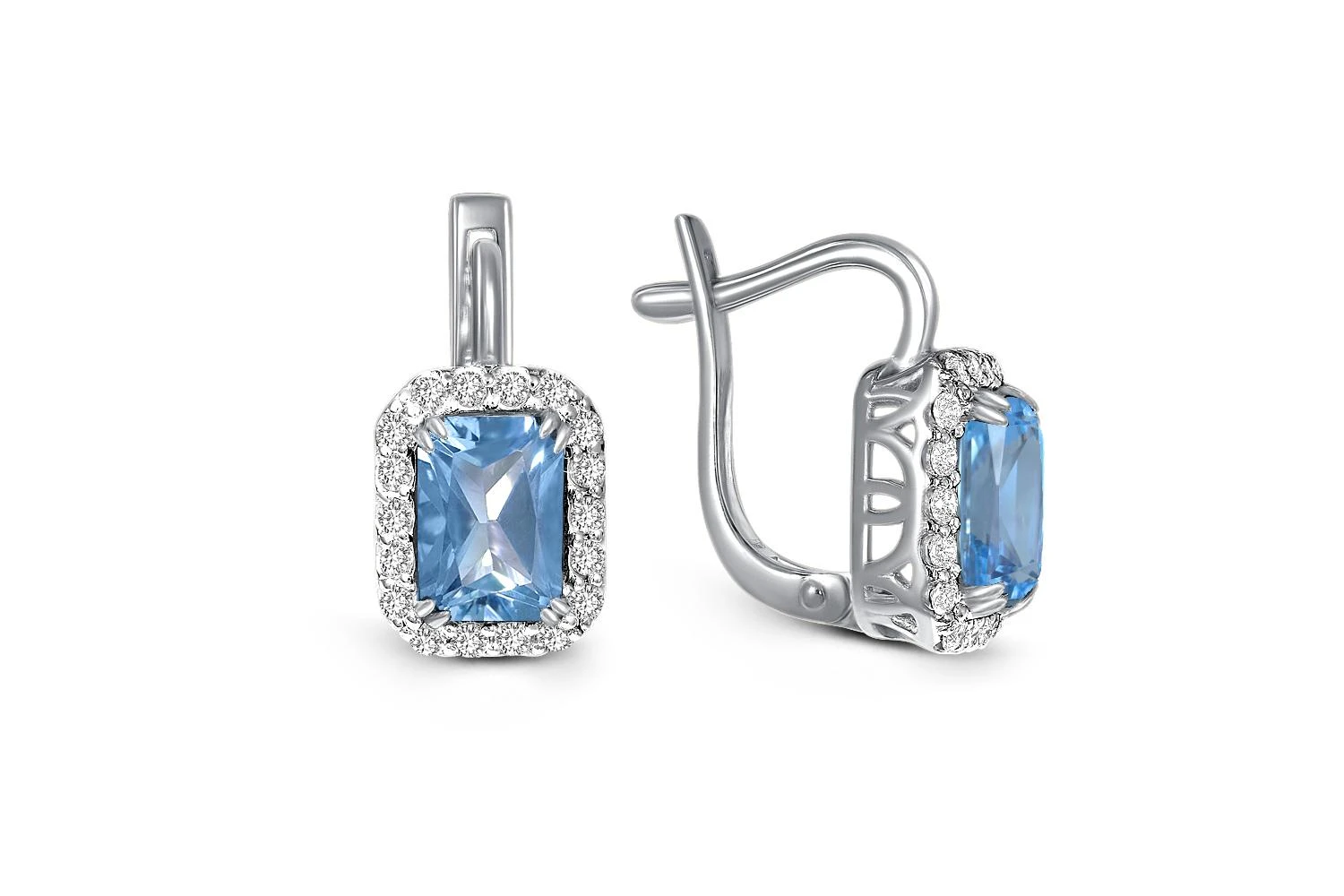 Серьги из белого золота с 2 топазами swiss и 36 фианитами