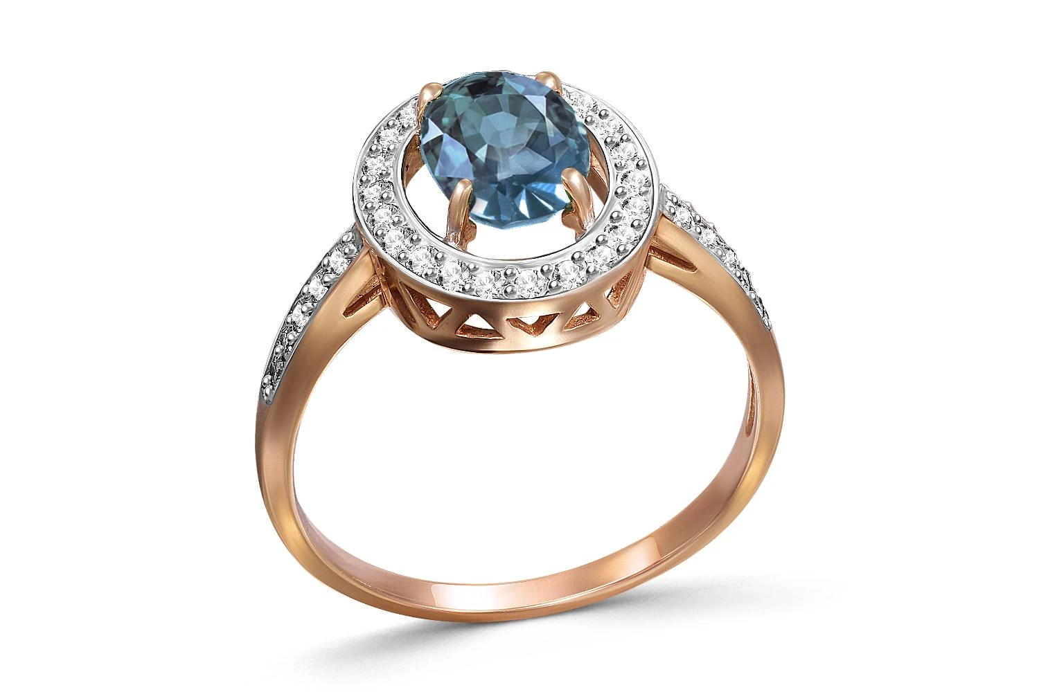 Кольцо из красного золота с топазом лондон и 32 фианитами