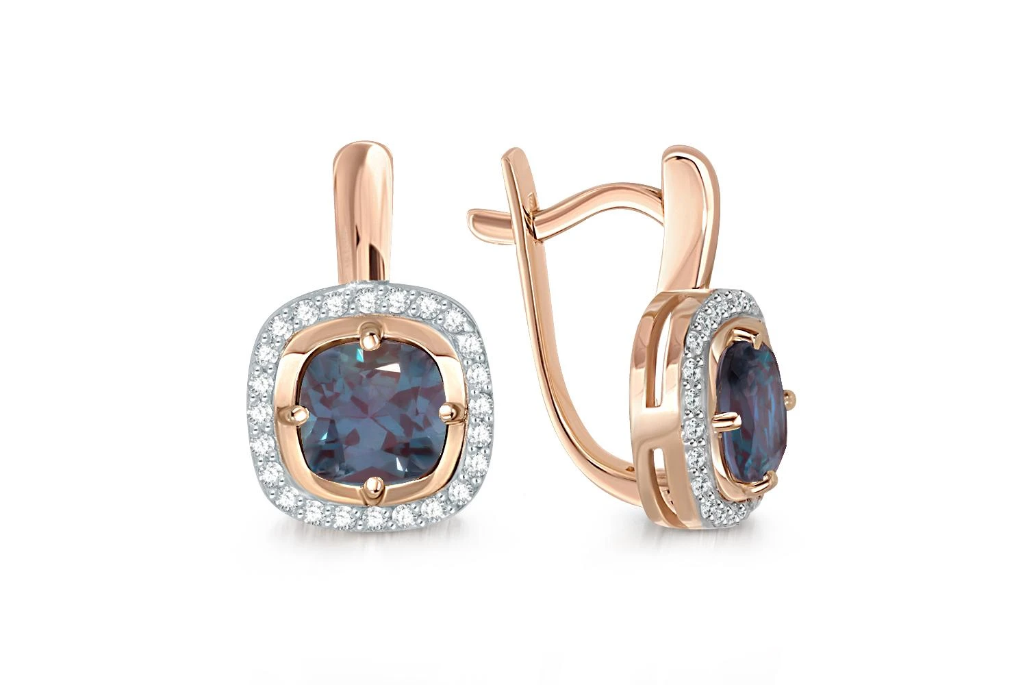 Серьги из красного золота с 2 александритами и 48 фианитами