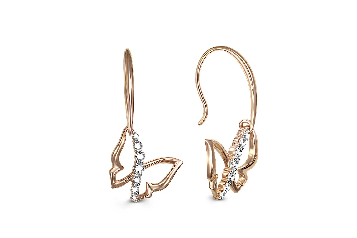 Серьги Бабочки из красного золота с 14 фианитами