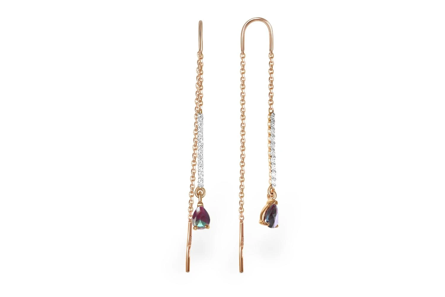Серьги-продёвки Дорожки из красного золота с 2 александритами и 20 фианитами
