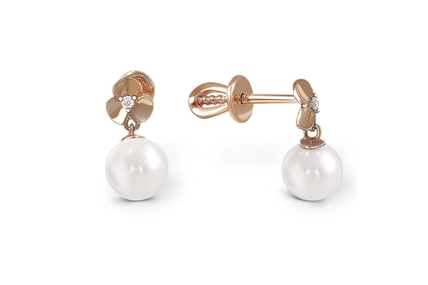 Серьги-пусеты Цветы из красного золота с 2 жемчужинами и 2 фианитами