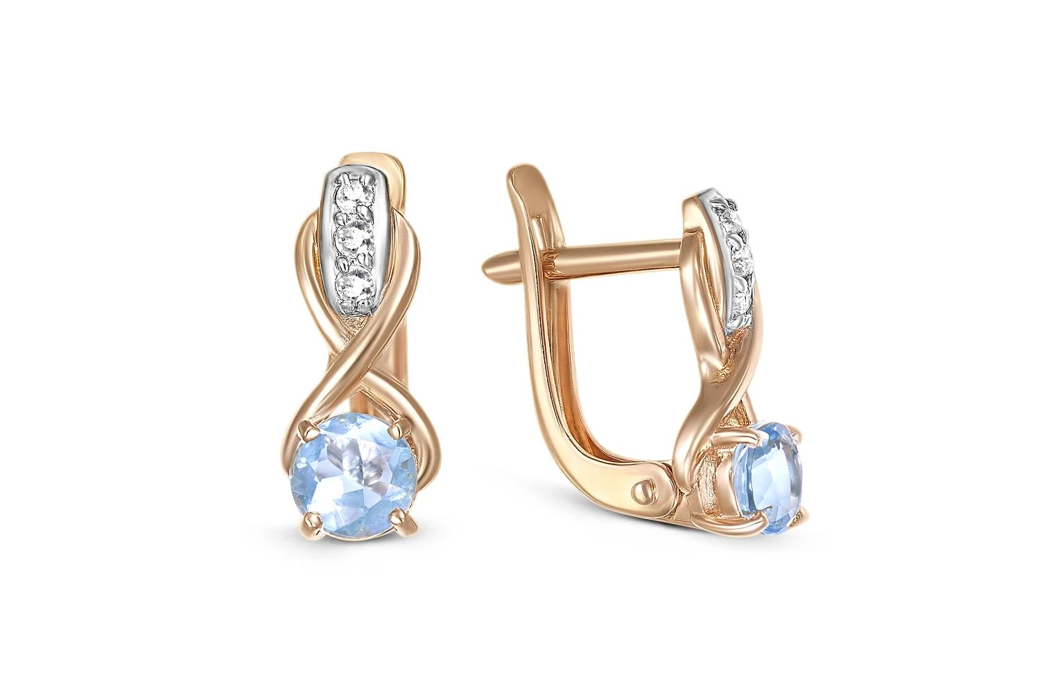 Серьги из красного золота с 2 топазами sky и 6 фианитами