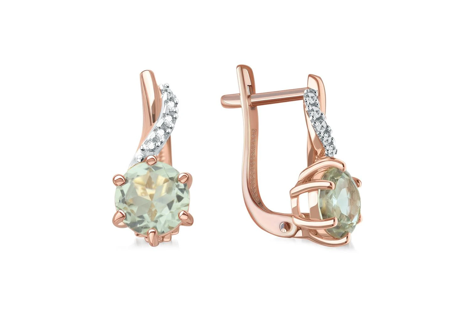 Серьги из красного золота с 2 празиолитами и 10 фианитами