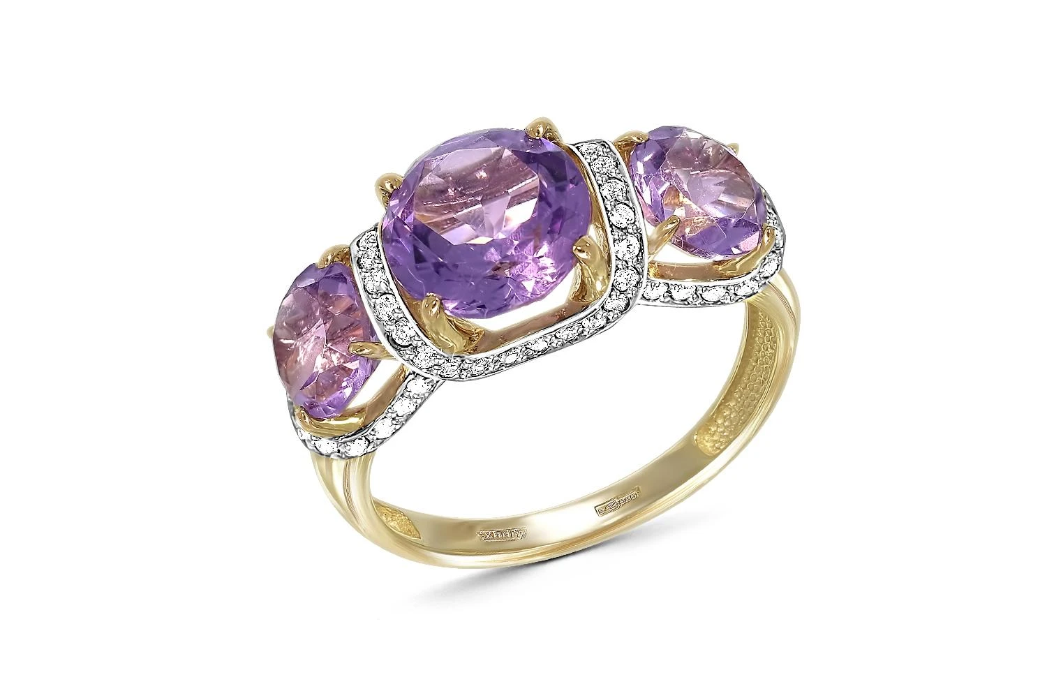 Кольцо из жёлтого золота с 3 кварцами и 58 фианитами