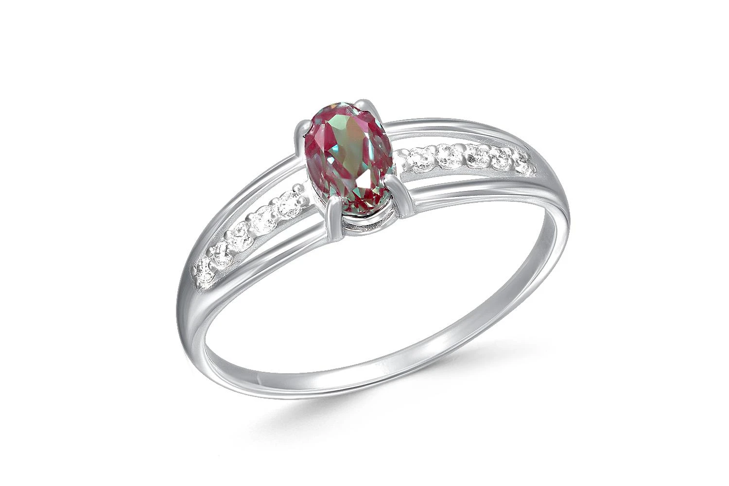 Кольцо из белого золота с александритом и 10 фианитами