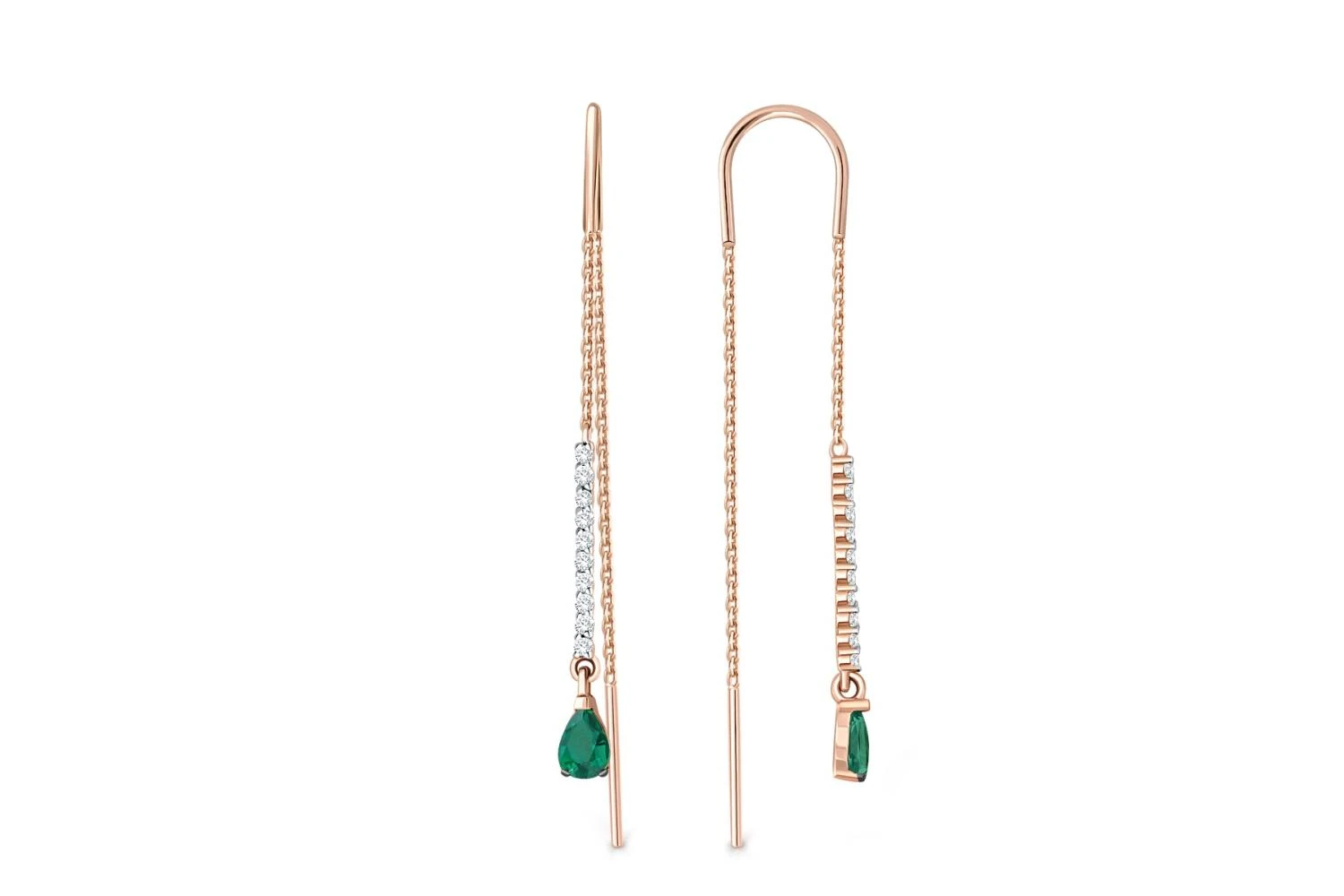 Серьги-продёвки Дорожки из красного золота с 2 изумрудами и 20 фианитами