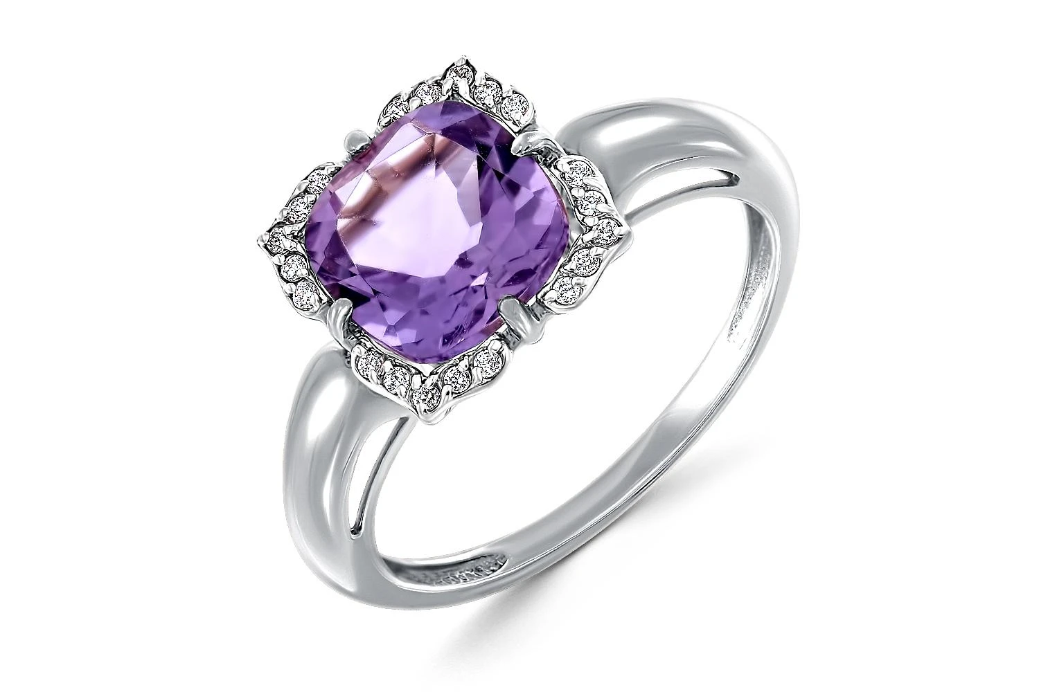 Кольцо из белого золота с аметистом и 20 фианитами