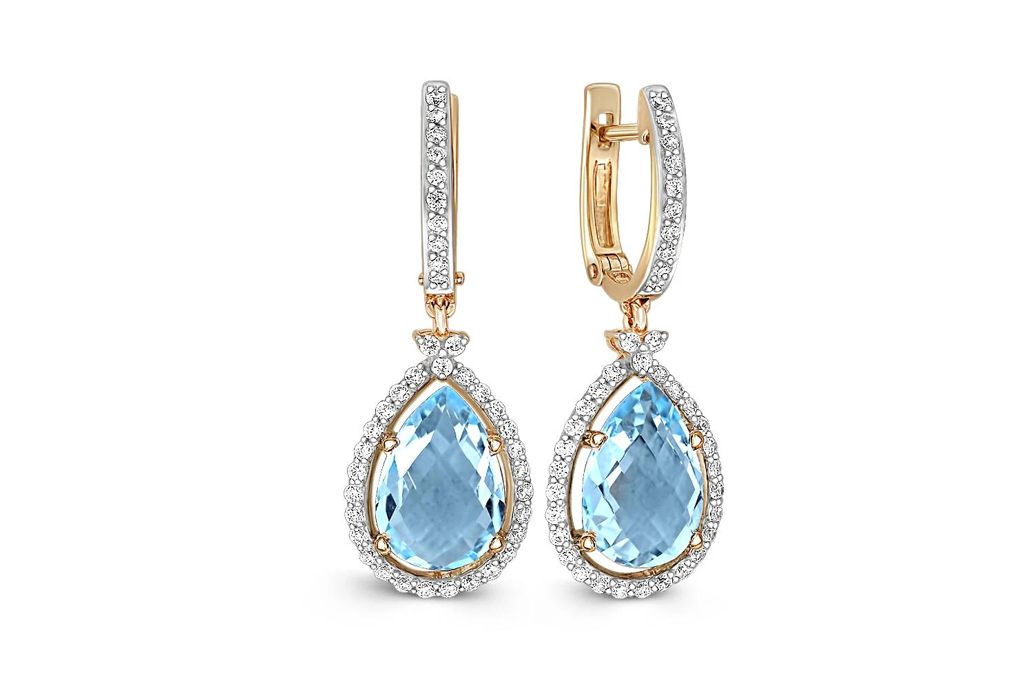 Серьги из жёлтого золота с 2 топазами sky и 74 фианитами