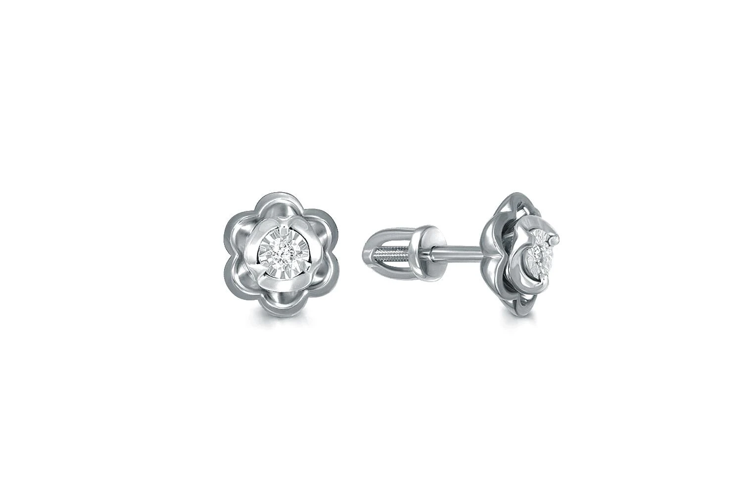 Серьги-пусеты Цветы из белого золота с 2 бриллиантами