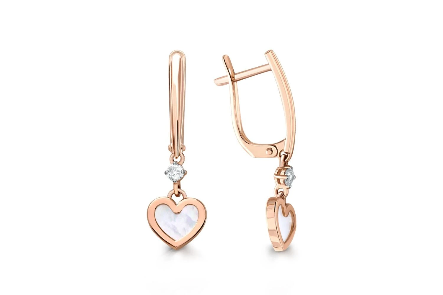 Серьги Сердца из красного золота с перламутром и 2 фианитами