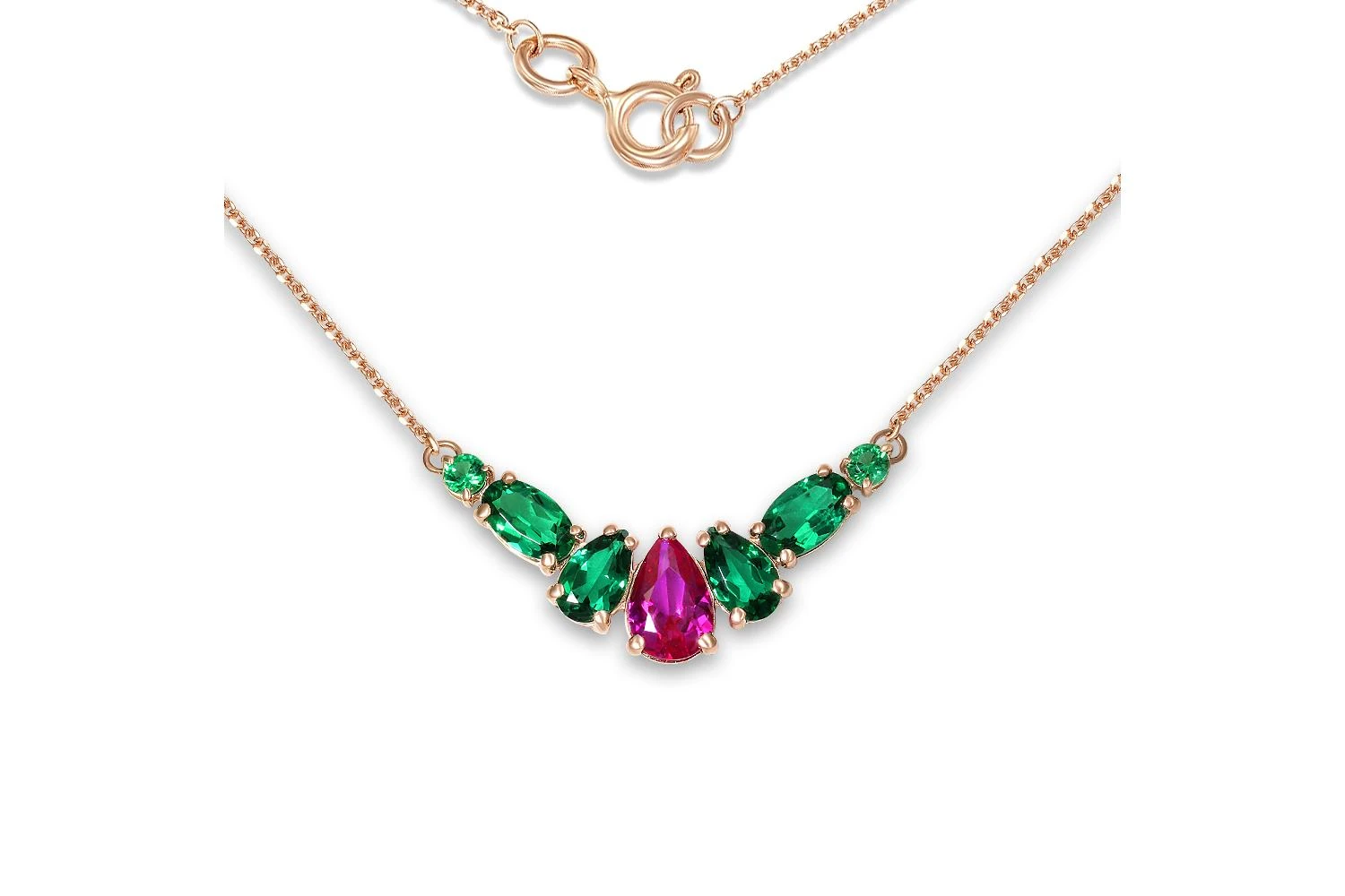 Колье из красного золота с корундом и 6 изумрудами