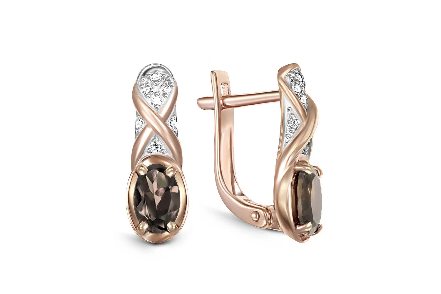 Серьги из красного золота с 2 раухтопазами и 14 фианитами