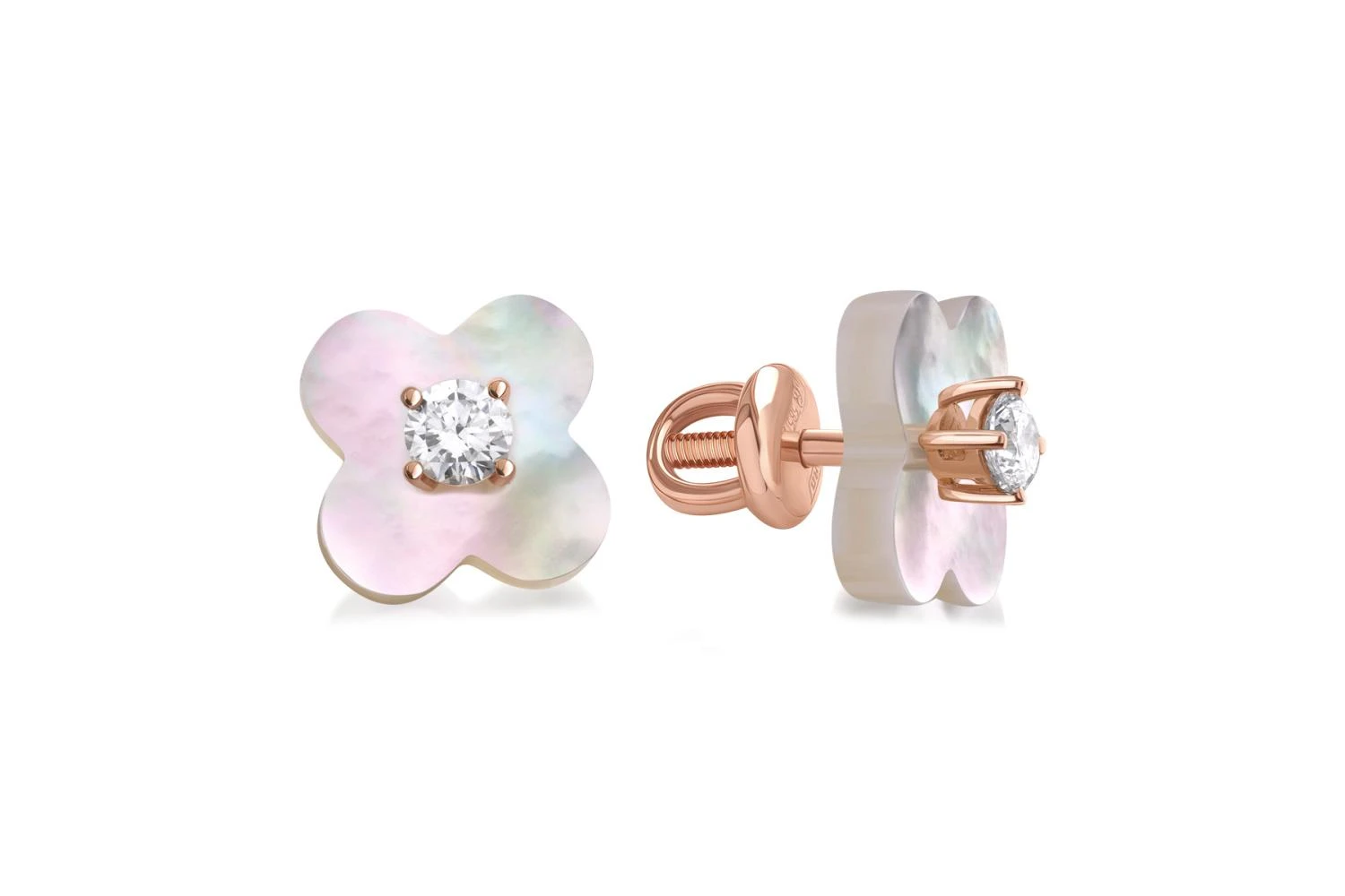 Серьги-пусеты Клевер из красного золота с перламутром и 2 фианитами