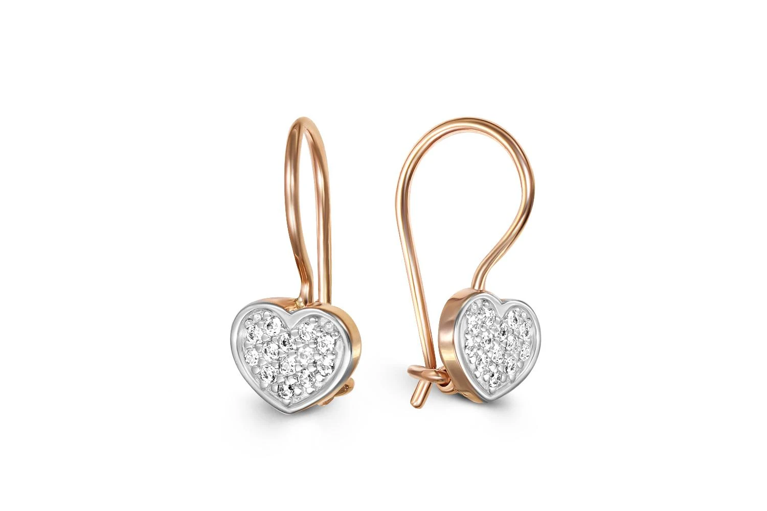 Детские серьги Сердца из красного золота с 26 фианитами