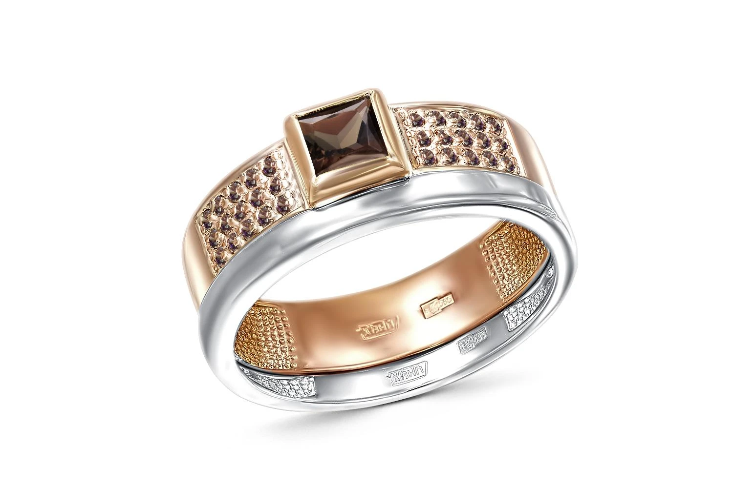 Кольцо из красного золота с раухтопазом и 30 фианитами