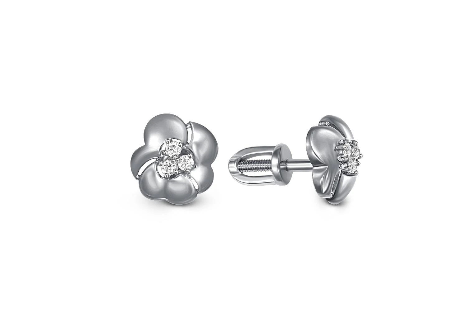 Серьги-пусеты Цветы из белого золота с 6 фианитами