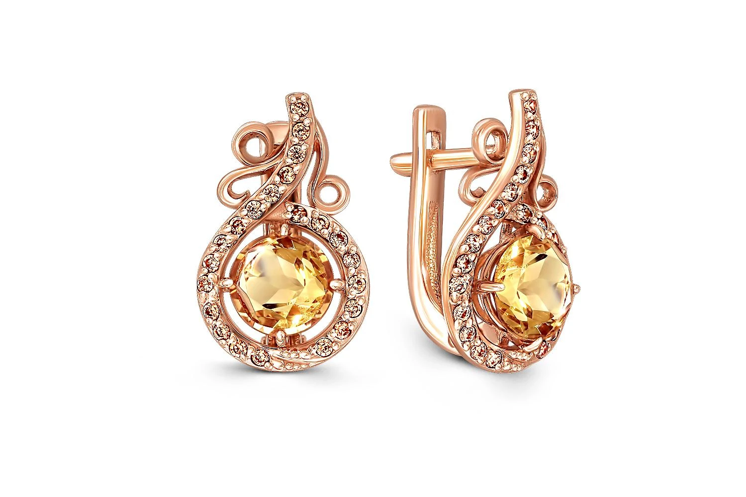 Серьги из красного золота с 2 цитринами и 44 фианитами