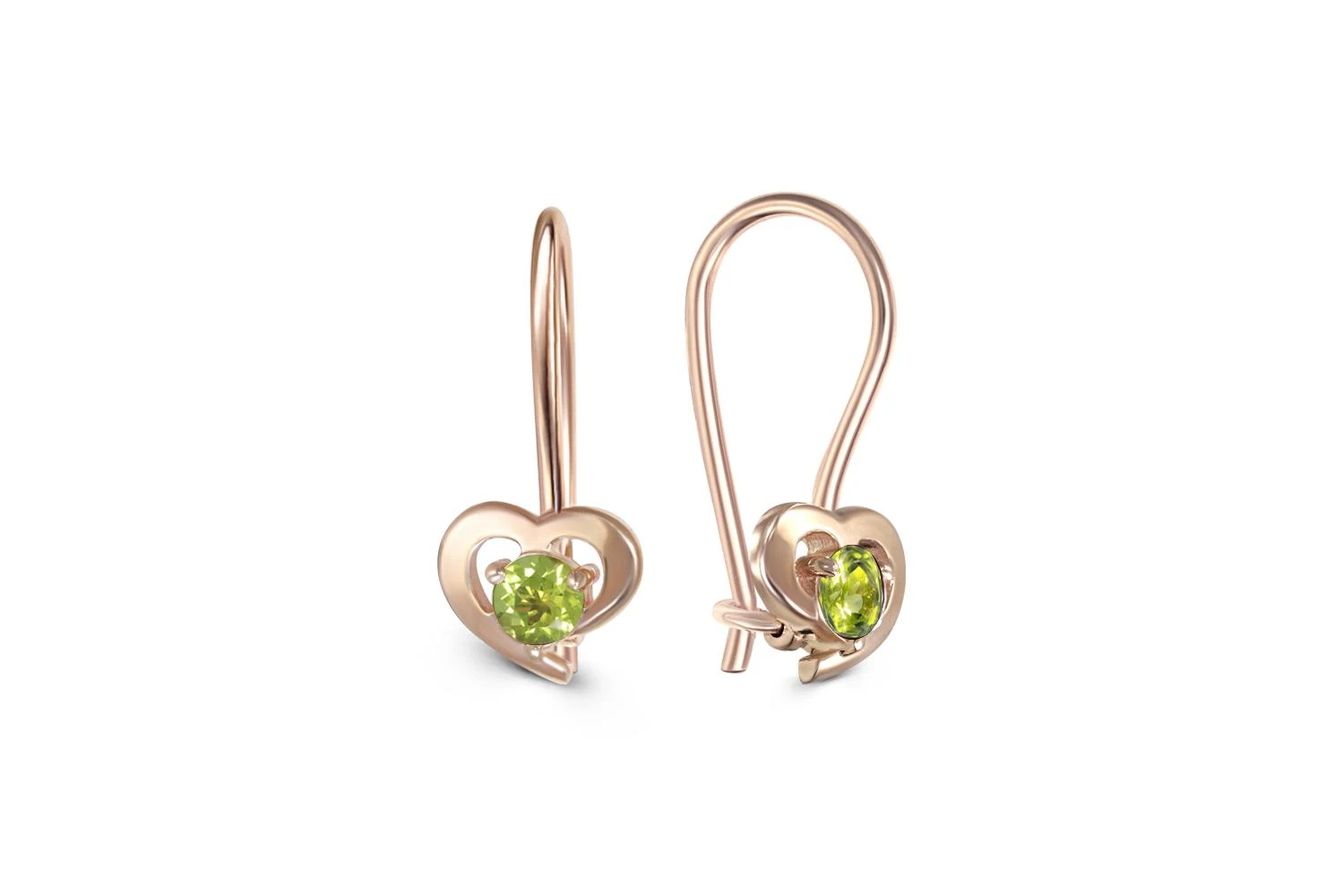 Детские серьги Сердца из красного золота с 2 хризолитами